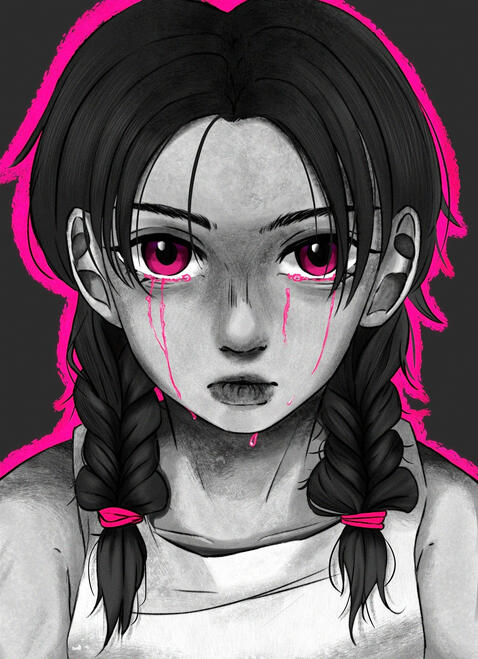 I potrait of a girl in black and white with one pink