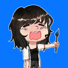 a chibi style of me crying while holding brush with blue paint.